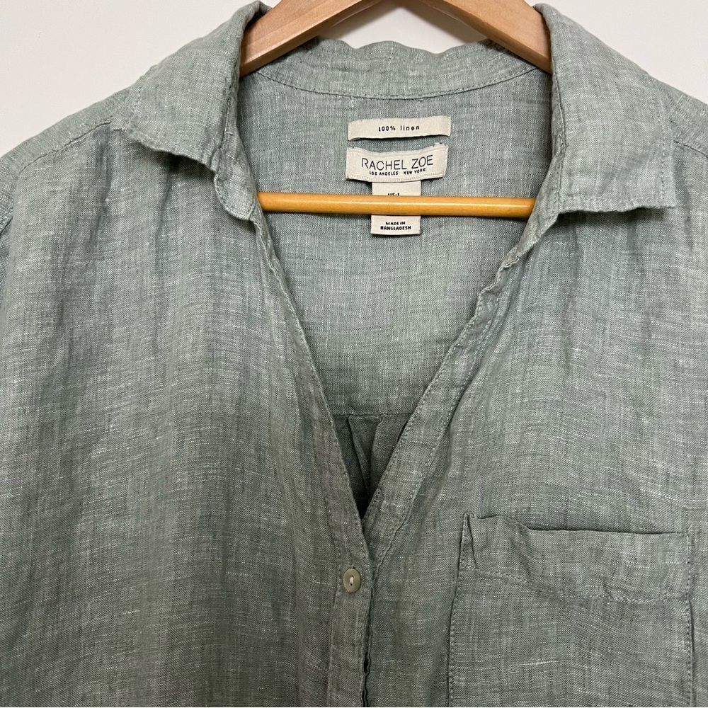 Rachel Zoe Shirt Blouse Womens Large Green Linen Woven Button Front Sleeveless - Picture 6 of 14